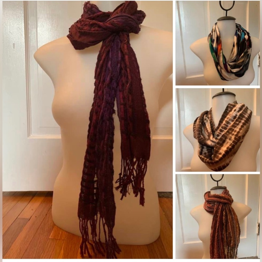 2 woven scarves and 2 tee-shirt fabric infinity scarves. (Gifts, never worn)